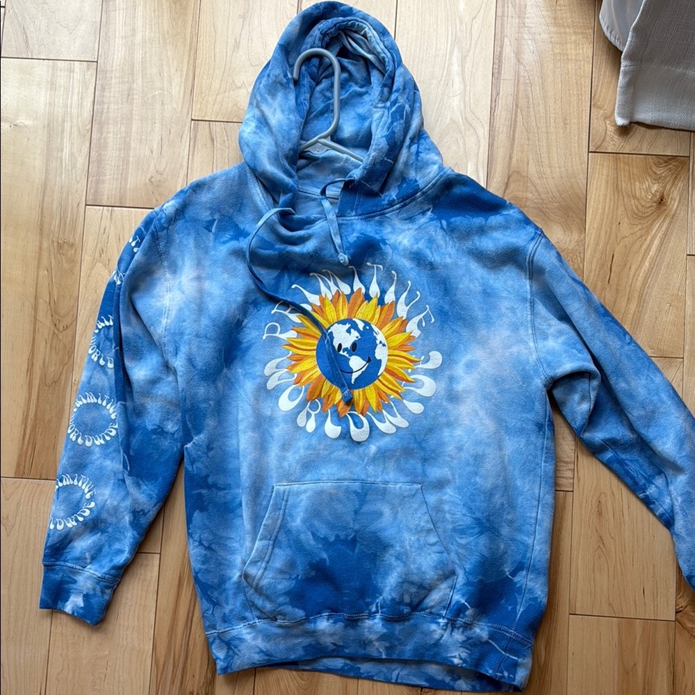 Primitive Blue Tie-Dye Hoodie with Sun and Earth Graphic